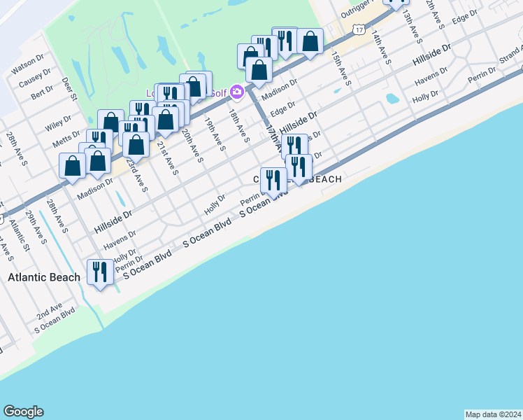 map of restaurants, bars, coffee shops, grocery stores, and more near 1809 South Ocean Boulevard in North Myrtle Beach