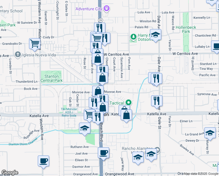 map of restaurants, bars, coffee shops, grocery stores, and more near 8112 Monroe Avenue in Stanton