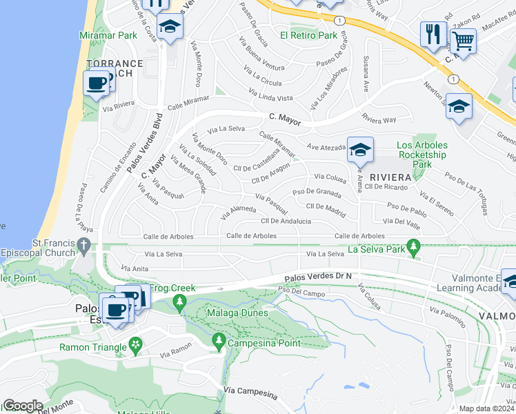 map of restaurants, bars, coffee shops, grocery stores, and more near 221 Vía Alameda in Redondo Beach