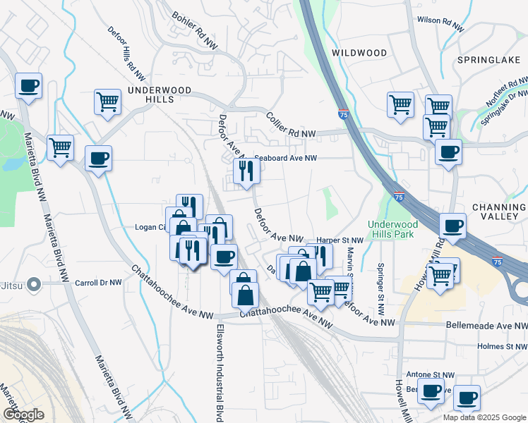 map of restaurants, bars, coffee shops, grocery stores, and more near 1857 Defoor Avenue Northwest in Atlanta