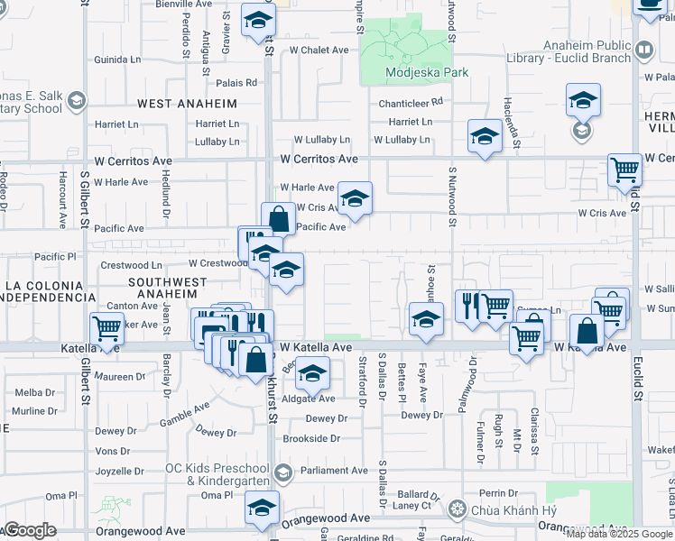 map of restaurants, bars, coffee shops, grocery stores, and more near 2118 West Crestwood Lane in Anaheim