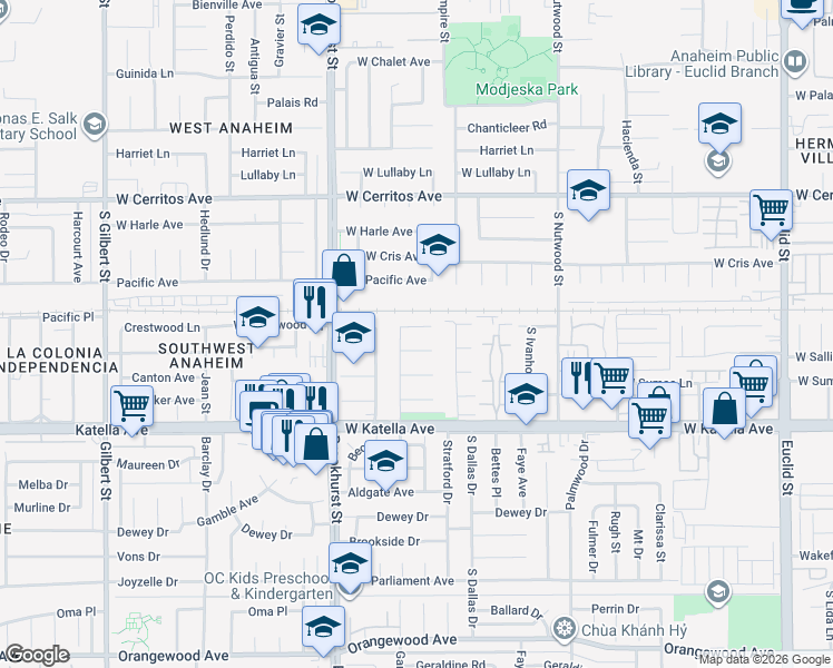 map of restaurants, bars, coffee shops, grocery stores, and more near 2118 West Crestwood Lane in Anaheim