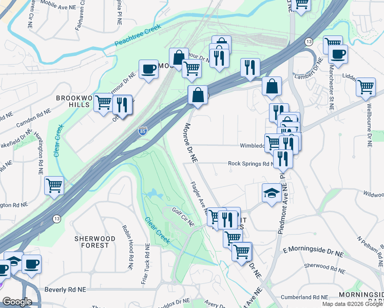 map of restaurants, bars, coffee shops, grocery stores, and more near 102 Ansley Villa Dr NE in Atlanta