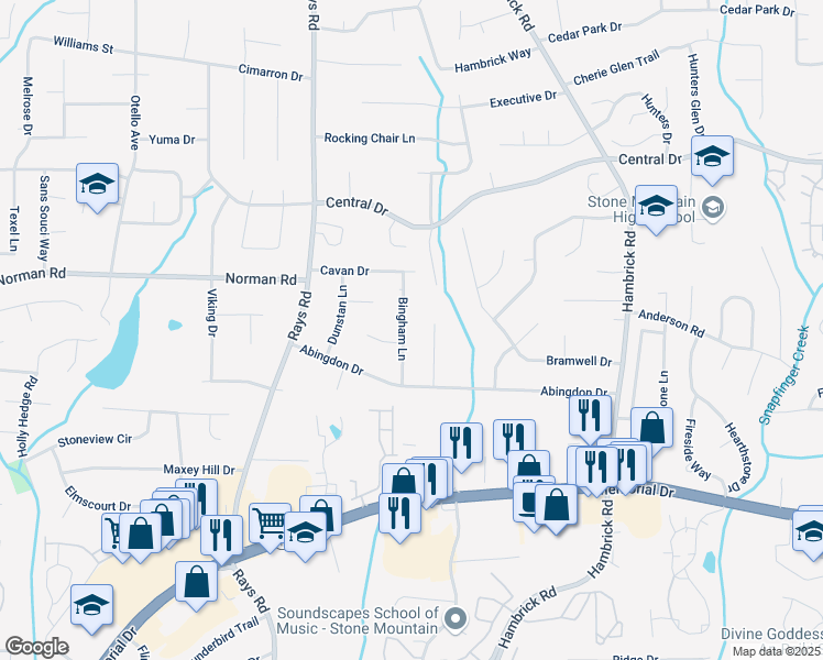 map of restaurants, bars, coffee shops, grocery stores, and more near 951 Bingham Lane in Stone Mountain
