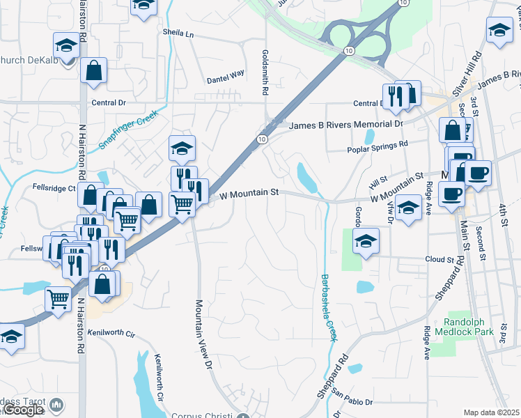 map of restaurants, bars, coffee shops, grocery stores, and more near 5045 West Mountain Street in Stone Mountain