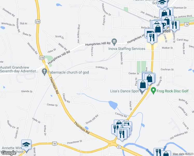map of restaurants, bars, coffee shops, grocery stores, and more near 4060 Brightmore Drive in Austell