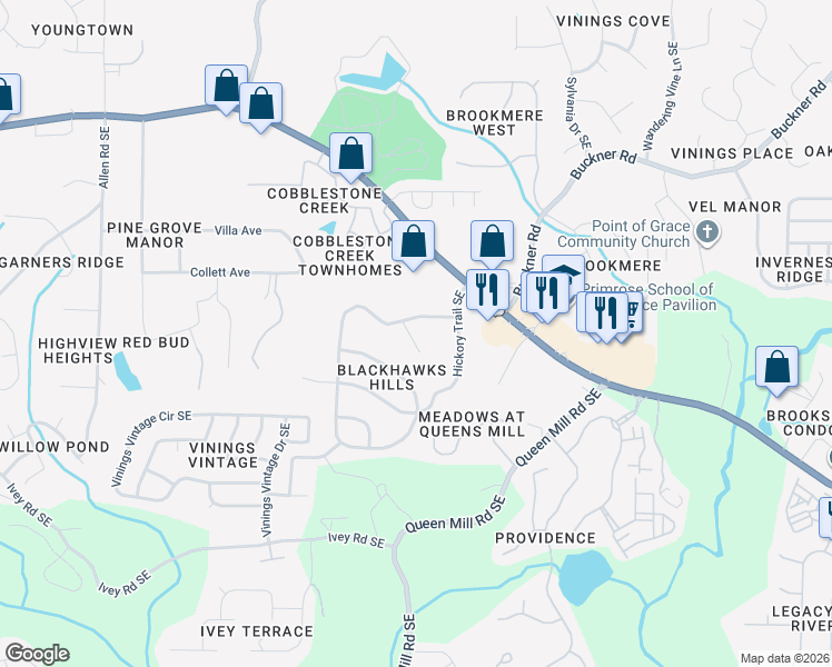 map of restaurants, bars, coffee shops, grocery stores, and more near 6030 Blackhawk Court Southeast in Mableton