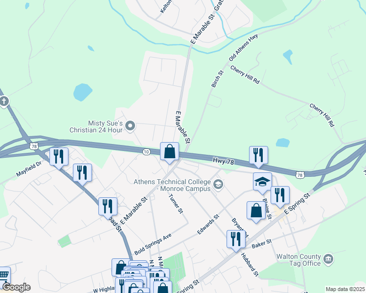 map of restaurants, bars, coffee shops, grocery stores, and more near 515 Birch Street in Monroe