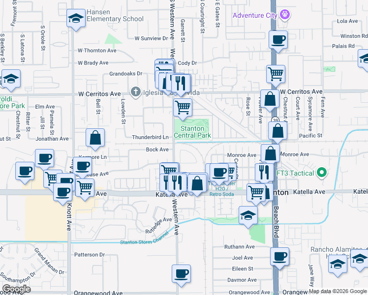 map of restaurants, bars, coffee shops, grocery stores, and more near 10786 Mitchell Drive in Stanton