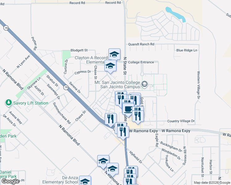 map of restaurants, bars, coffee shops, grocery stores, and more near 1441 Prospect Drive in San Jacinto