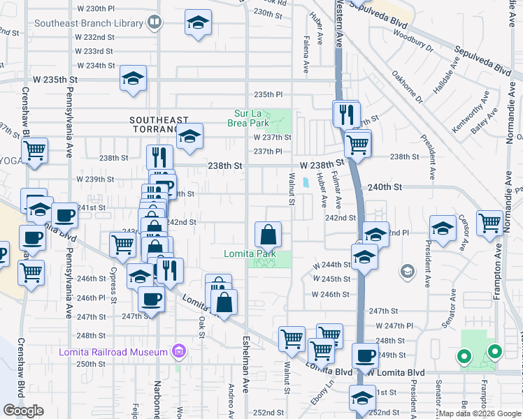map of restaurants, bars, coffee shops, grocery stores, and more near 24122 Eshelman Avenue in Lomita