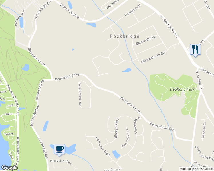 map of restaurants, bars, coffee shops, grocery stores, and more near 2566 Bermuda Road in Stone Mountain