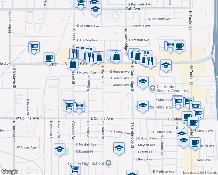 map of restaurants, bars, coffee shops, grocery stores, and more near 614 East Elizabeth Drive in Orange