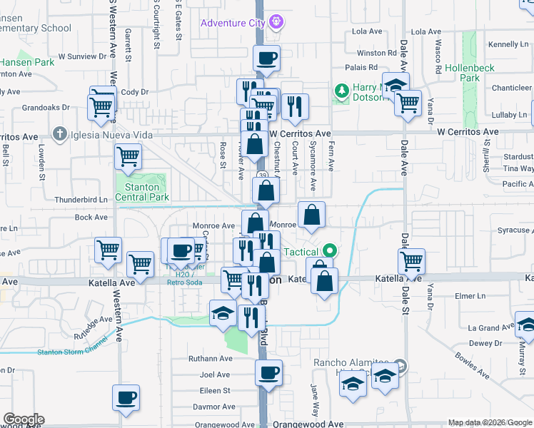 map of restaurants, bars, coffee shops, grocery stores, and more near 10742 Beach Boulevard in Stanton