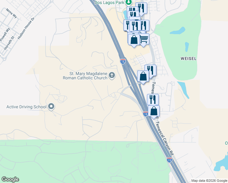 map of restaurants, bars, coffee shops, grocery stores, and more near 8140 Weirick Road in Corona