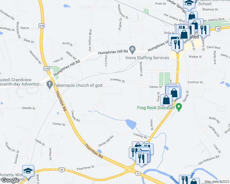 map of restaurants, bars, coffee shops, grocery stores, and more near 4080 Brightmore Drive in Austell
