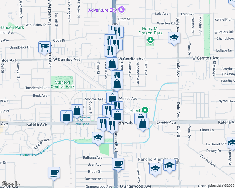 map of restaurants, bars, coffee shops, grocery stores, and more near 10742 Beach Boulevard in Stanton