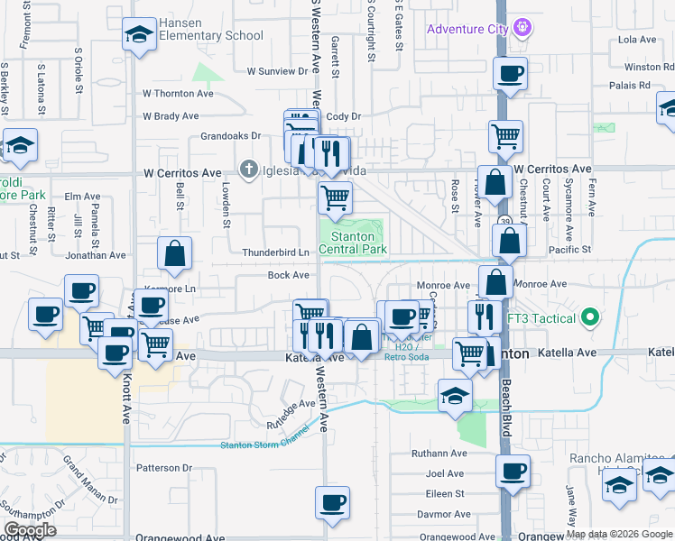 map of restaurants, bars, coffee shops, grocery stores, and more near 10786 Mitchell Drive in Stanton