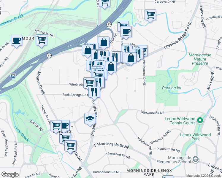 map of restaurants, bars, coffee shops, grocery stores, and more near 1867 Windemere Drive Northeast in Atlanta