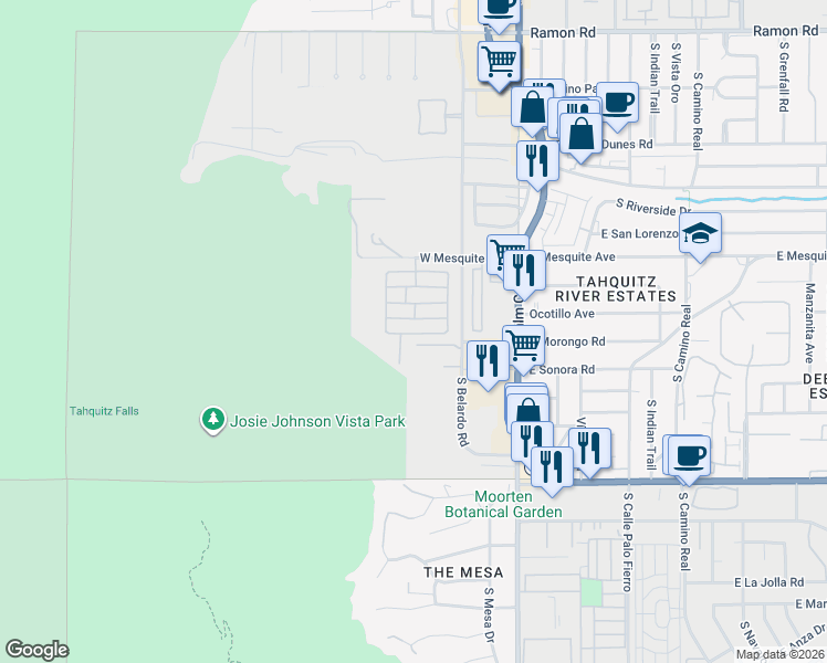 map of restaurants, bars, coffee shops, grocery stores, and more near 623 Cameo Drive in Palm Springs