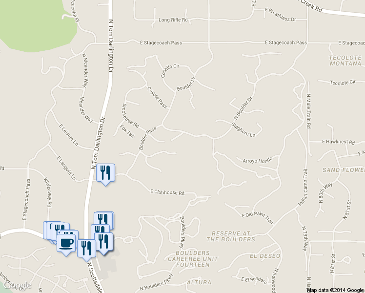 map of restaurants, bars, coffee shops, grocery stores, and more near 7466 East Arroyo Hondo Road in Scottsdale