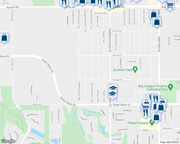 map of restaurants, bars, coffee shops, grocery stores, and more near 33419 Sky Blue Water Trail in Cathedral City