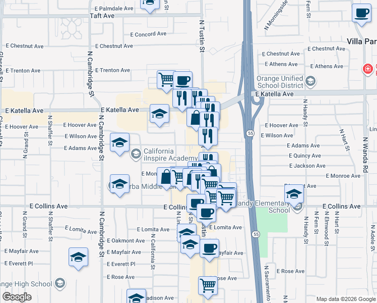 map of restaurants, bars, coffee shops, grocery stores, and more near 1544 East Quincy Avenue in Orange