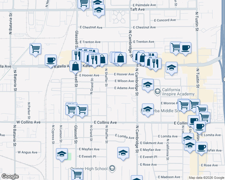 map of restaurants, bars, coffee shops, grocery stores, and more near 614 East Elizabeth Drive in Orange
