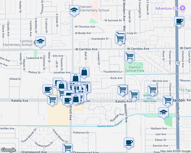 map of restaurants, bars, coffee shops, grocery stores, and more near 10820 Keenan Place in Stanton