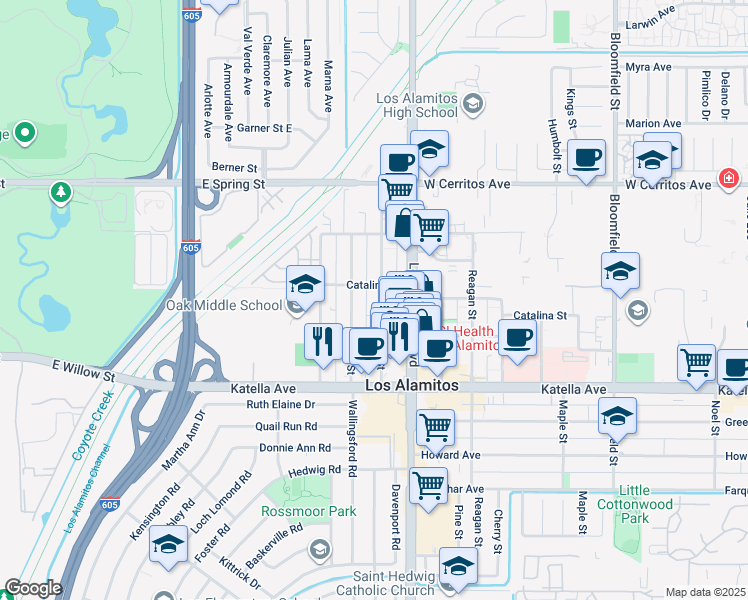 map of restaurants, bars, coffee shops, grocery stores, and more near 10824 Walnut Street in Los Alamitos