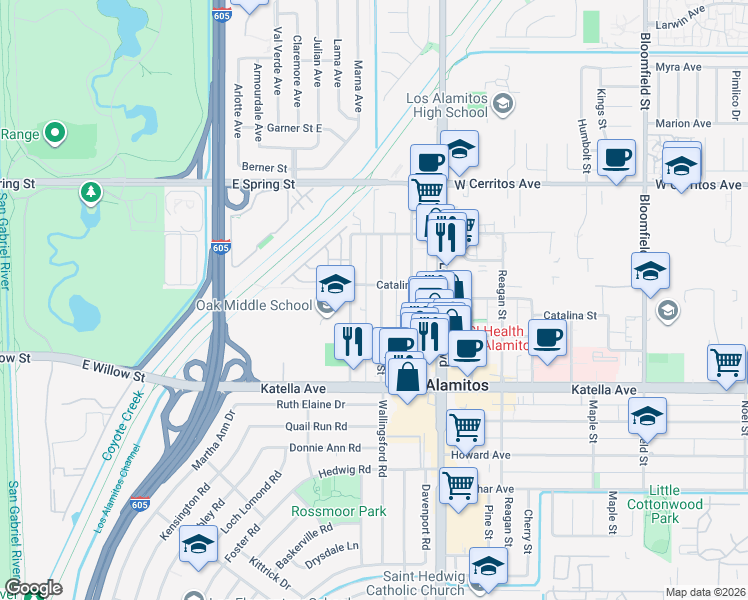 map of restaurants, bars, coffee shops, grocery stores, and more near 10824 Oak Street in Los Alamitos