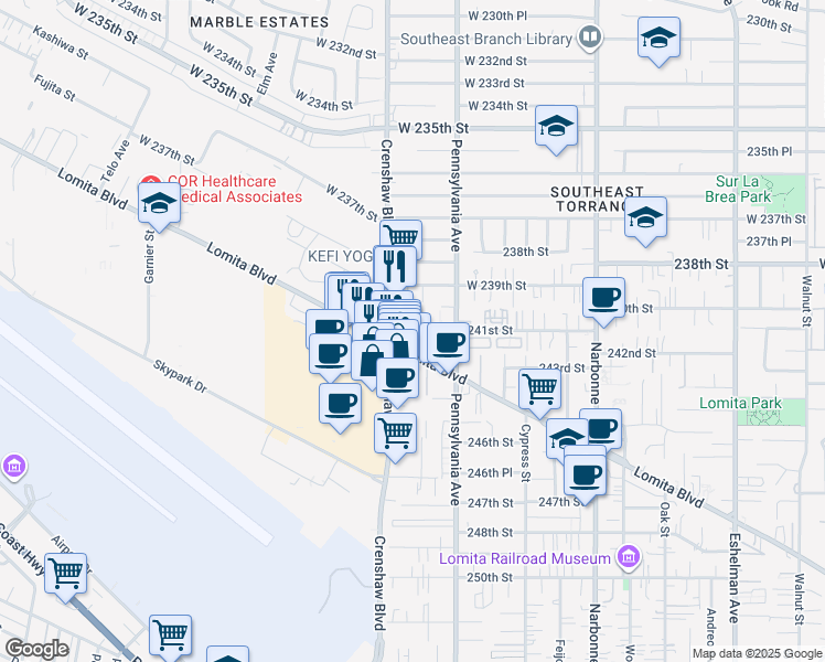 map of restaurants, bars, coffee shops, grocery stores, and more near 24200 Crenshaw Boulevard in Torrance
