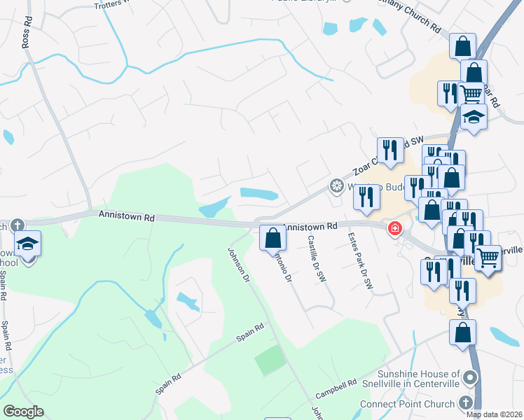 map of restaurants, bars, coffee shops, grocery stores, and more near 3301 San Antonio Drive in Snellville