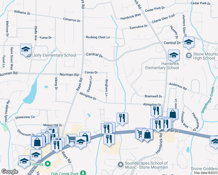 map of restaurants, bars, coffee shops, grocery stores, and more near 951 Bingham Lane in Stone Mountain