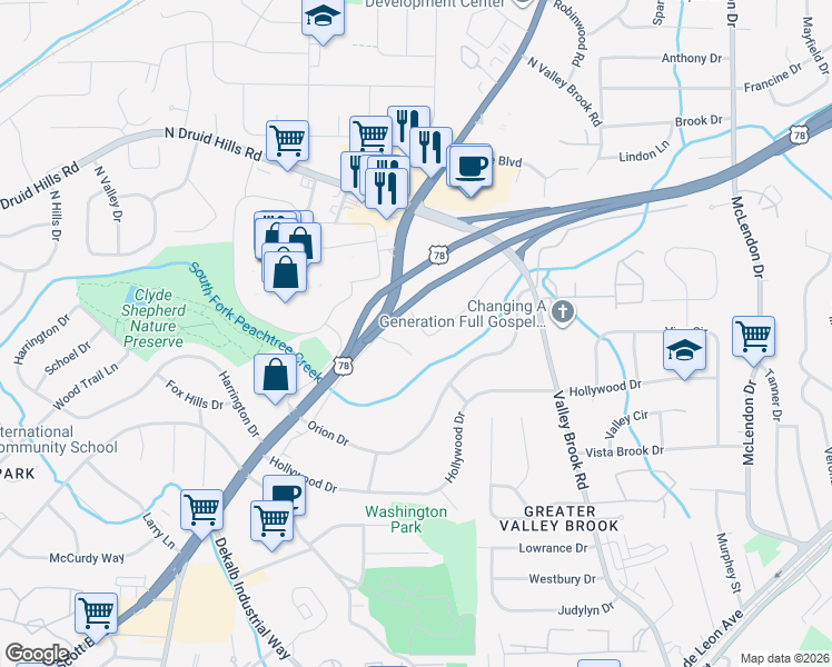 map of restaurants, bars, coffee shops, grocery stores, and more near 2839 Concord Drive in Decatur