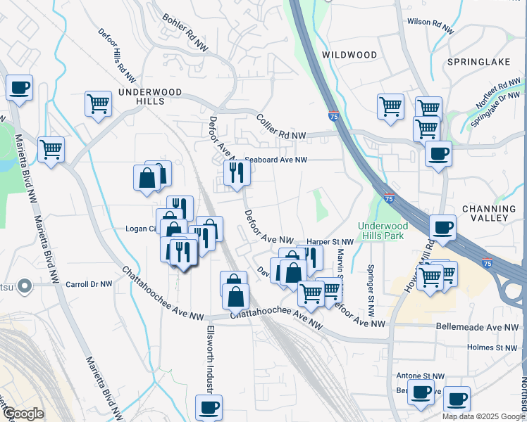 map of restaurants, bars, coffee shops, grocery stores, and more near 1853 Defoor Avenue Northwest in Atlanta