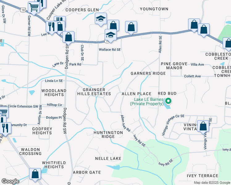map of restaurants, bars, coffee shops, grocery stores, and more near 6054 Heritage Way Southeast in Mableton