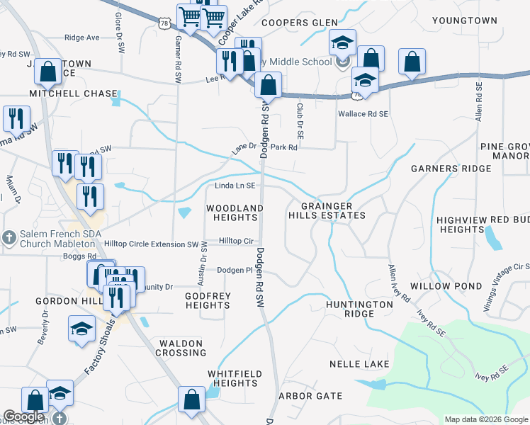 map of restaurants, bars, coffee shops, grocery stores, and more near 6050 Wedgewood Drive Southwest in Mableton