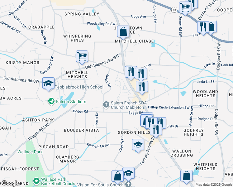 map of restaurants, bars, coffee shops, grocery stores, and more near in Mableton
