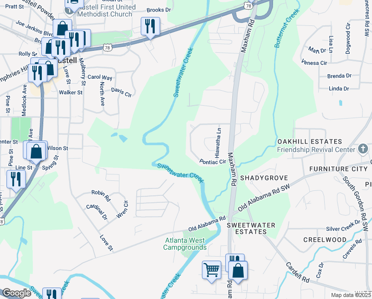 map of restaurants, bars, coffee shops, grocery stores, and more near 1142 Pontiac Circle in Austell