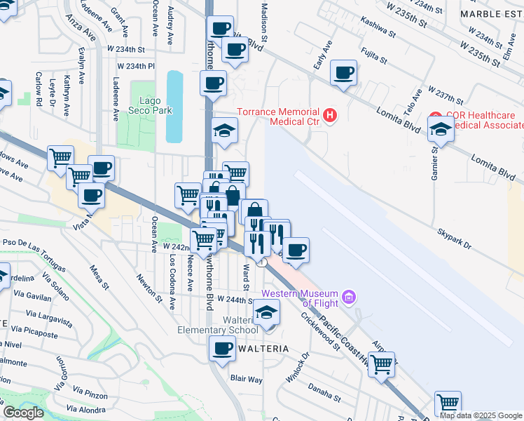 map of restaurants, bars, coffee shops, grocery stores, and more near 24050 Madison Street in Torrance