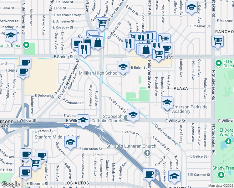 map of restaurants, bars, coffee shops, grocery stores, and more near 2745 Vuelta Grande Avenue in Long Beach
