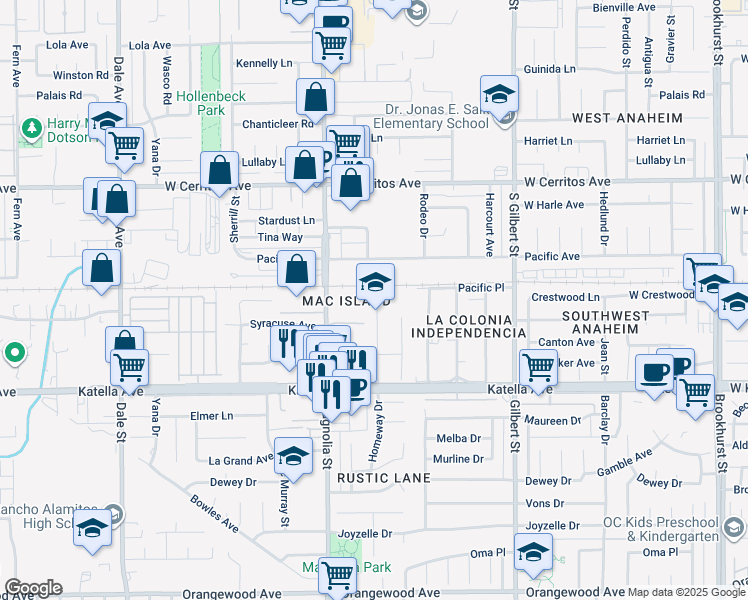 map of restaurants, bars, coffee shops, grocery stores, and more near 10802 Rustic Lane in Anaheim
