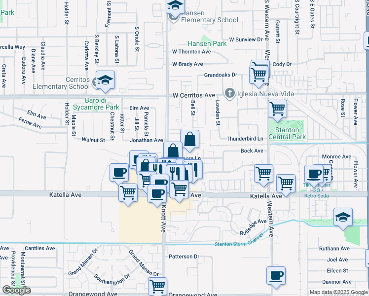 map of restaurants, bars, coffee shops, grocery stores, and more near 31917 Saint Joseph Lane in Stanton