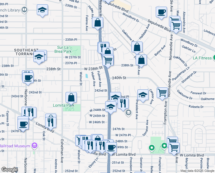 map of restaurants, bars, coffee shops, grocery stores, and more near 1712 242nd Street in Lomita