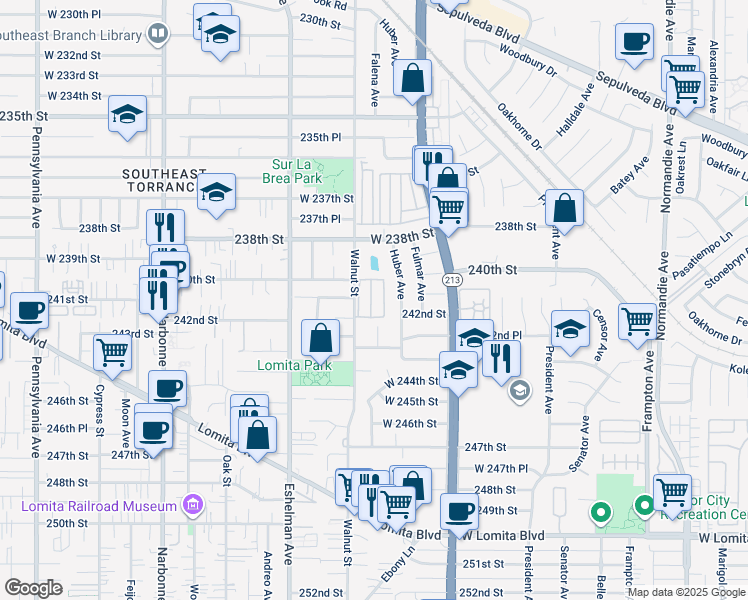 map of restaurants, bars, coffee shops, grocery stores, and more near 24200 Walnut Street in Torrance