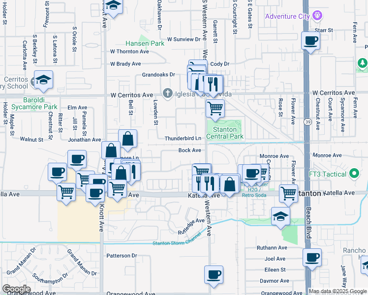 map of restaurants, bars, coffee shops, grocery stores, and more near 10825 Courson Drive in Stanton