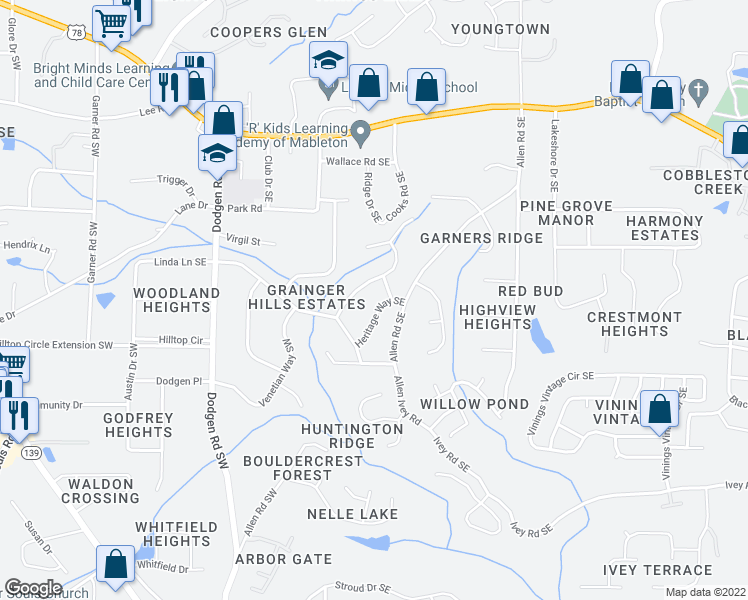 map of restaurants, bars, coffee shops, grocery stores, and more near 6054 Heritage Way Southeast in Mableton
