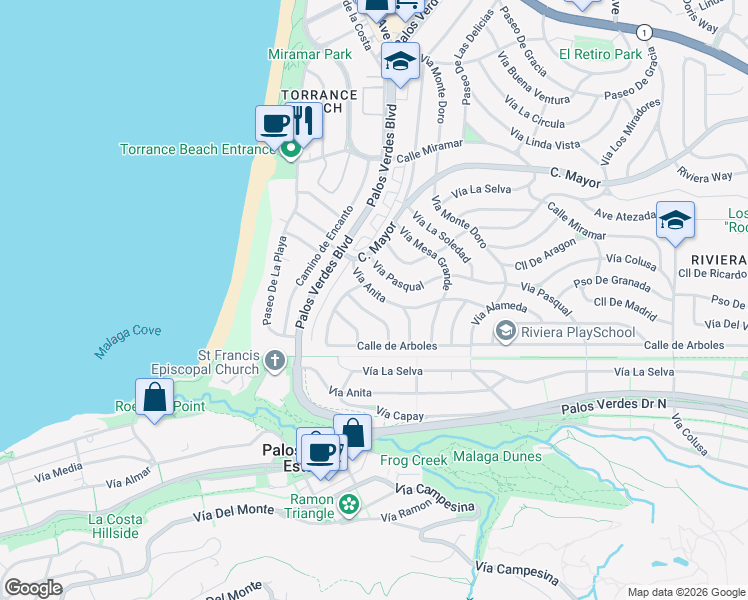 map of restaurants, bars, coffee shops, grocery stores, and more near 214 Vía Anita in Redondo Beach