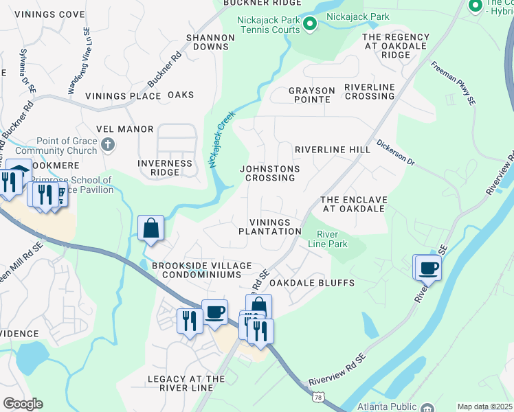 map of restaurants, bars, coffee shops, grocery stores, and more near 6018 Farmwood Way Southeast in Mableton